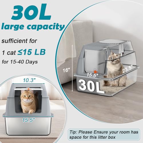 SZEE XL Stainless Steel Litter Box with Lid, Extra Large Metal Covered Litter Box, Stainless Box Easy Clean, Activated Charcoal Odor Control Design, Includes Litter Scoop & Mat & Step, Grey - color: Gray