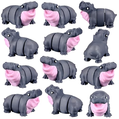 Honoson 12 Pcs 3D Printed Animals 5-7cm, Hippo | Articulated Fidget Animals, Flexible 3D Printed Figures for Stress Relief, Cute Mini Joints for Party Favors and Display - size: 5-7cm, style: Hippo