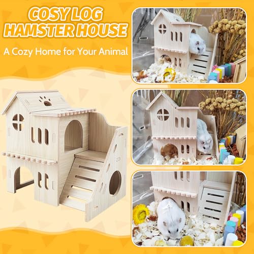 Hamster House,Tiny House with Slide House, Double-Decker Hut, Hamster Cage Accessories,Small Animal Habitat Decor for Small Hamster