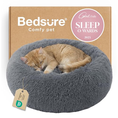 Bedsure Calming Cat Beds Donut Round Washable Kitten Bed,20 inches Dark Grey - color: Dark Grey, size: 20"L x 20"W x 6"Th