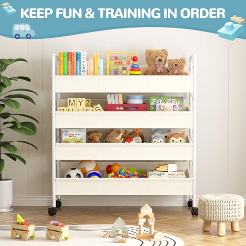 Kids Toy Storage Organizer with 4 Shelves & Wheels for Playroom | White, Large Size, Steel Frame & Oxford Fabric, Rolling Casters with 2 Locks, Safe Rounded Edges, Easy Assembly - size: 3X-Large-Large