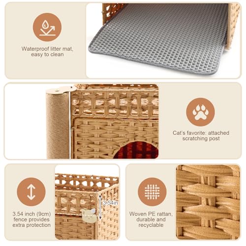 Stylish Cat Litter Box Enclosure with Scratching Post – Handwoven Rattan Cat House, Hidden Litter Mat & Fence, 20.5×18.5×19.1 in, Indoor & Outdoor Use