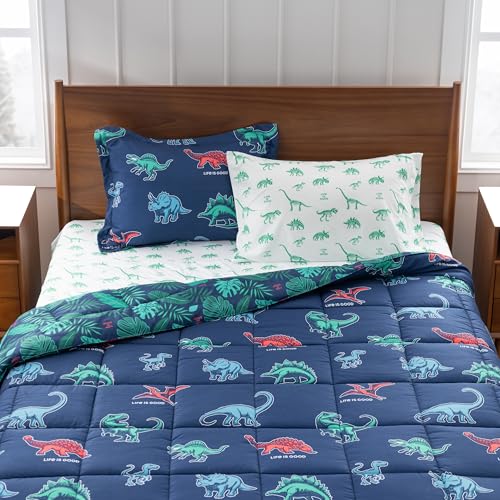 Berkshire LIG Printed Reversible Microfiber Comforter Set–5-Piece, Ultra Soft All-Season Bedding, Wrinkle & Fade Resistant, Twin, Life was Good Dinos Navy - color: Life Was Good Dinos Navy, size: Twin