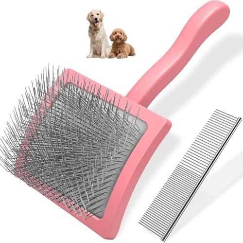 2PCS Slicker Brush for Dogs & Pet Comb,Professional Dog Grooming Brush (Goldendoodles,Poodles,Labradoodles) with Extra Long Pins to Effectively Remove Tangles, Knots and Mats (Light Pink, Large) - color: Light Pink, size: Large