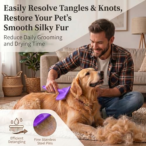 Wooden Long Pin Slicker Brush for Large Dog, Poodles & Doodles Long Hair | Grooming, Fluff & Detangle Heavy Dense Wavy Curly Coats to Easily Prevent Severe Hair Matting During Shedding Seasons - color: Purple