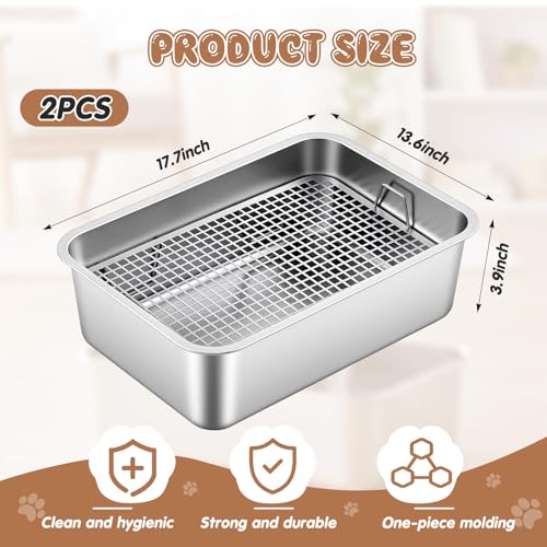 Maxcheck 2 Pcs Rabbit Litter Box, Stainless Steel Rabbit Litter Pan with 2 Grids, High Side Bunny Toilet Tray Potty Training Pan for Rats Ferret Bunny Guinea Pig(M 17.7''L x 13.7''W x 4''H) - size: M 17.7''L x 13.7''W x 4''H