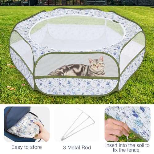 Pawaboo Small Animal Playpen with Zippered Cover, Blue + White Flower | Portable pop-up pet tent for supervised rabbits, guinea pigs, chicks and kittens; water-resistant bottom and 3 metal rods - color: Blue + White Flower