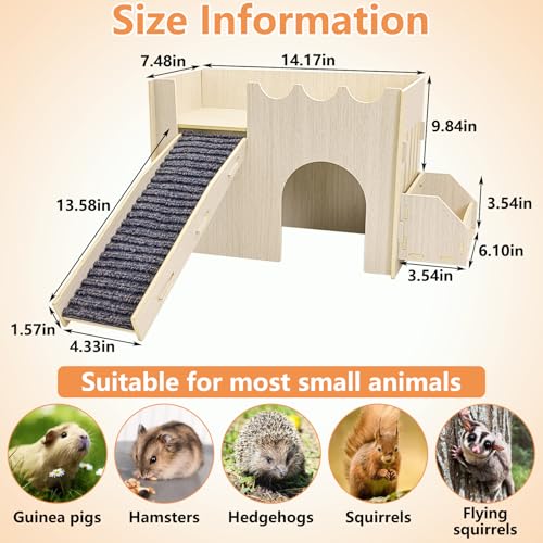 kathson Large Guinea Pig Hideout, Wooden Castle Small Animal House Sturdy 2-Layer Easy to Assemble Guinea Pig Habitat with Anti-Slip Mat Ramp & Food Bowl for Hamsters Bunny Hedgehogs Playing Hiding