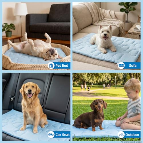 Huafly Dog Cooling Mat,Dual-Sided Cooling Mat for Dogs–Cooling Fabric for Summer,Velvet for All Seasons–Portable for Crate,Car Seat,Sofa&Floor,Machine Washable,Keeps Cats,Dogs&Puppies Cool,Cloud Blue - size: S：18" x 24" x 0.8"Th
