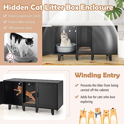 PETSITE Litter Box Enclosure for 2 Litter Boxes, Hidden Cat Washroom TV Stand End Table with 2 Cabinet, Scratching Board, Indoor Cat Litter Furniture, Patented - color: Black