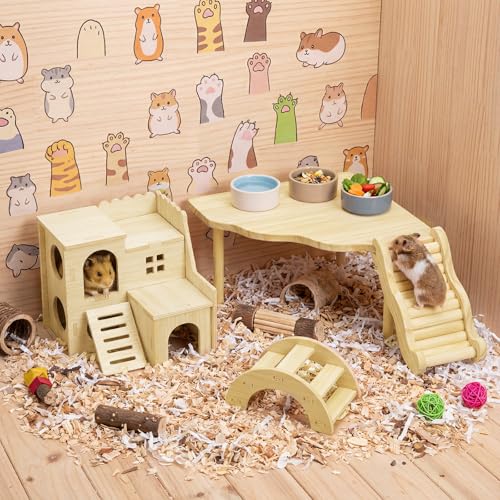 BreezeHug 4 Pcs Hamster Cage Accessories Hamster Platform Hideout Wooden Tunnel Ladder Playhouse Game Climbing Toy with Platform for Pets Dwarf Syrian Mice Degus Gerbils Squirrel(Villa) - style: Villa