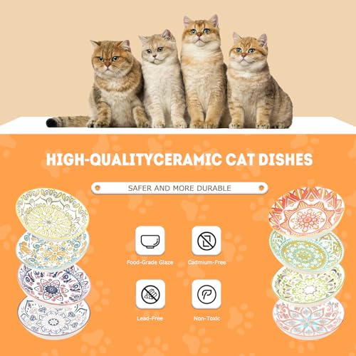 Cat Food Bowl, 8 Pack Ceramic Cat Dishes for Food & Water, Kitten Bowls Set | 5.5" Shallow Feeding Bowls for Wet Meals, Kibble & Water, Whisker Friendly Wide Plates for Cats, Dishwasher & Microwave Safe - size: Boho–8 Pack