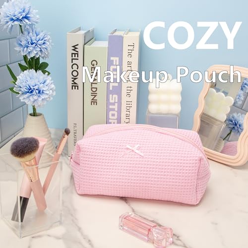 PAZIMIIK Cozy Makeup Bag for Women,Zipper Cosmetic Pouch,Waffle Candy Pink | Soft Cosmetic Organizer for Makeup,Skincare,Toiletries,Daily Beauty Essentials,Purse,On-the-Go,Bridesmaid Gifts - color: Waffle Check Pink
