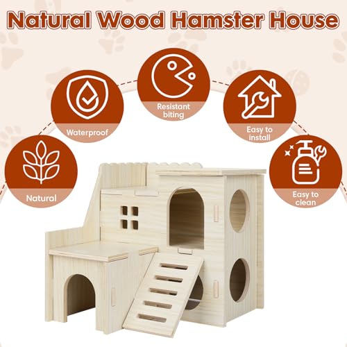 YooxArmor Wooden Hamster Hideout Maze, Natural Wood House with Climbing Ladder, Small Animal Habitat for Dwarf Campbell Robo Hamsters Gerbils