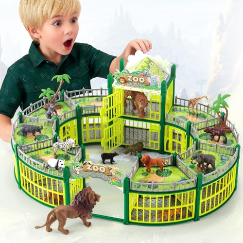 Complete 248PCS Animal Playground Set with 14 Realistic Wild Animals – Build Your Own Animal Park, Interactive Playset with Openable Fences & Battle Station, for Boys Girls Kids Toddlers 3-8 - color: Green