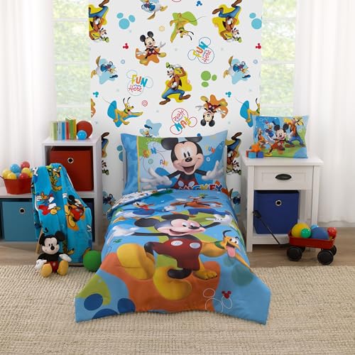 Disney Mickey Mouse Blue, Red, Green, and White, Donald Duck, Pluto, and Goofy, Fun Starts Here 2 Piece Toddler Sheet Set - Fitted Bottom Sheet, and Reversible Pillowcase - color: Mickey Mouse - Fun Starts Here