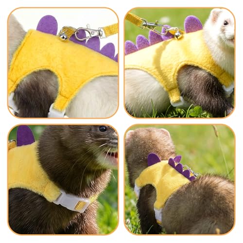 Ferret Harness and Leash Set Dinosaur Shaped Stuffed Animal Harness Adjustable Vest with Safe Bell for Baby Rabbit Guinea Pig Rat Hedgehog and Other Small Animals Yellow