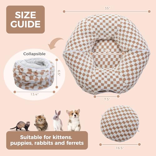 PEQULTI Brown Donut Cat Tunnel Bed Washable Plush Mat Multi for Small Pets | Round play tube with soft detachable plush mat, multi-pet toy fit indoor cats, kittens, puppies, rabbits and ferrets - color: Brown