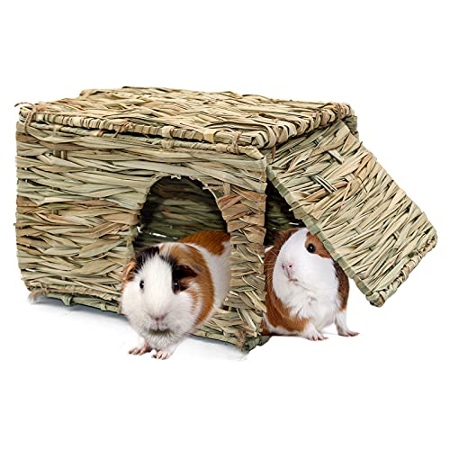 BWOGUE Large Guinea Pig Grass House, Guinea Pig Hideout, Foldable Straw Hut | Hand-Woven Straw for Gnawing, Double Openings for Guinea Pig Tunnel Play, Resting Bed, Bunnies, Chinchillas & Ferrets - size: 1 PACK
