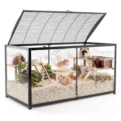 VEVOR Hamster Cage 47.2"x23.6"x25.4" 360° Viewing Metal Hamster Habitat, Transparent Small Animal Cage with Top Access & Front Door, Large Portable Pet House for Guinea Pig, Gerbil (7.7 ft², Black) - size: 47.2"L x 23.6"W x 25.4"H