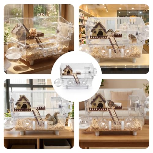 Loungewave Acrylic Hamster Cage, 8 in 1 Gerbil Cage with Accessories | Classic House Style, Dwarf Hamster Cage with Full Transparent Viewing, Clear View Inside Easy to Clean, Excellent Ventilation - color: Transparent