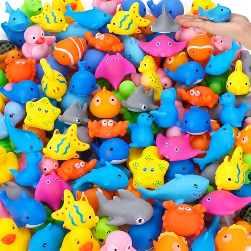 Poen 100 Pcs Rubber Bath Toys Bulk Cute Sea Animals Bathtub Toys Floating Ocean Squeaky Animals for Birthday Party Supplies Summer Pool Favors Baby Shower Classroom Carnival Prizes, 10 Styles - style: Stylish Style