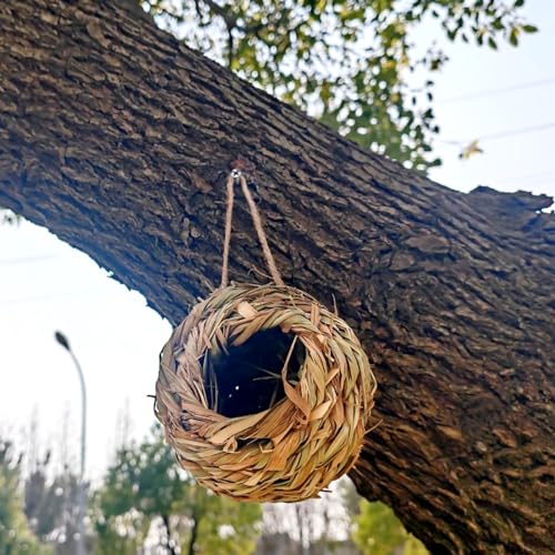 TIHOOD 4PCS 5.5inch Hanging Hummingbird Nest House for Outside, Ball Shape, Hand Woven, Durable Sturdy, Made of Natural Grass, Perfect for Garden Patio Lawn Office Indoor