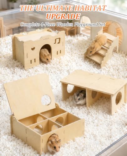 4-Piece Wooden Hamster Hideout Set, Multi-Chamber Maze House, Hideout-Tunnel & Climbing Ladder, Wood Cage Accessories for Dwarf Hamsters & Mice
