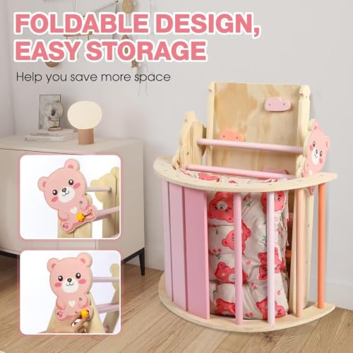 Pikler Triangle Set with Cushion, 7 in 1 Toddler Climbing Toys Indoor | Foldable Space-saving Design, Montessori-inspired Learning, Reversible Slide & Ramp, ASTM F963 Standards for Toddlers 18M-5Y - color: Bear