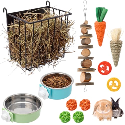 Rabbit Hay Feeder Set with 2 Bowls and Chew Toys, Heavy Duty Metal Hay Holder for Rabbits, Guinea Pigs and Chinchillas, Hanging Cage Feeding Accessories