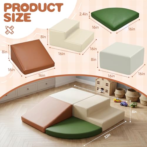Sumbababy Climbing Foam Blocks for Toddlers: Waterproof Pu Leather Soft Climber - 4 Pcs Toddler Indoor Climbing Toys - Kids Outdoor Playground Playset Best Gift Preschool Daycare Supplies（Green/Brown） - style: Green/Brown