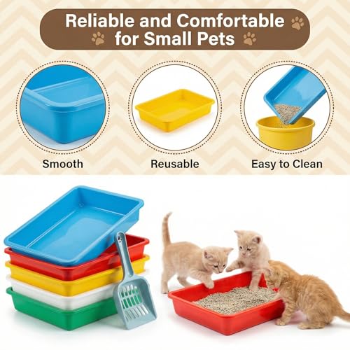 5Pcs Kitten Litter Boxes, 1.57 inch Low Entry Litter Box with Scooper, Portable Litter Box Shallow Litter Pan Open Travel Kitten Boxes for Small Cat, Hamster, Rabbit, 5Colors