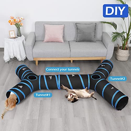 Pawaboo Cat Tunnel Tube 3-Way Tunnels, Blue, 25x53cm | Extensible Collapsible, Cat Play Tent Interactive Toy Maze, Cat House Bed, With Balls and Bells - color: A-Blue, size: 3 Way