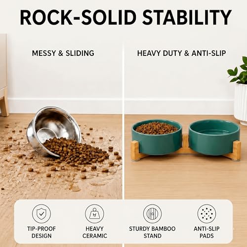 SPUNKYJUNKY Ceramic Dog and Cat Bowl Set with Wooden Stand, Modern Cute Weighted Food Water Set for Small Size Dogs (13.5OZ) & Medium Sized Dogs (28.7OZ) & Cats (1.7 Cups, 2 × Light Green) - color: Light Green × 2, size: 1.7 cups
