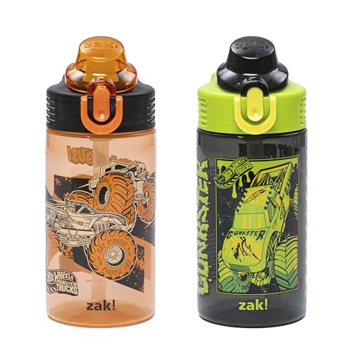 Zak Designs Hot Wheels Sage 16oz Leak-Proof Straw Kids Water Bottle, 2-Pack | BPA Free Durable Plastic, Cupholder Friendly, Dishwasher Safe, Easy to Clean, Lid Lock, Handle, For School, Home, Travel - color: Hot Wheels (Monster Trucks)