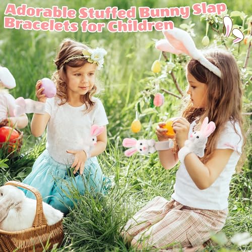 Lenwen 8 Pcs Stuffed Bunny Rabbit Animals Slap Bracelets for Kids 8.66 Inch Back to School Plush Animal Bracelets Adopt a Bunny Party Favors Wrist Slap Snap Band Toy for Boys Girls Birthday Gifts - style: Rabbit