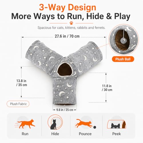 Cat Tube Tunnel with Plush Ball Toys Collapsible Self-Luminous, for Cat Small Pets Bunny Rabbits, Kittens, Ferrets,Puppy and Dogs Grey Moon Star 3 Way - size: 3 Way