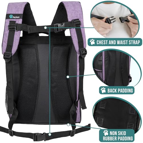 PetAmi Dog Backpack Carrier Airline Approved Cat Pet Puppy Bag, Purple | Ideal for Small Medium Large Pet up to 18 lb, 2 Side Entry Structured No-Collapse Frame, Ventilated Bookbag for Hiking Travel - color: Heather Purple