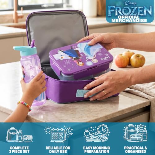 Get Trend Disney Frozen Girls Lunch Bag, Bento Box & Water Bottle 3 Pc Set | Insulated Lunch Bag, 3 Compartment Lightweight Snack Box, 22 fl oz BPA-Free Water Bottle with Straw, School, Gifts for Girls - color: Turquoise/Purple Frozen