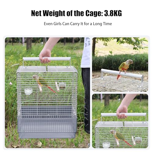 Stainless Steel Travel Bird Cage, 304 Portable Foldable Carrier for Parrots, Conures, Cockatiels, Parakeets – 17 Inch Large Birdcage with Aluminum Handle & Perch(Blue, Large Birdcage) - color: blue