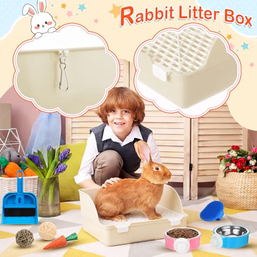 Reallnaive 15 Pcs Rabbit Starter Kit Small Rabbit Litter Box Girls Gift Animal Grooming Kit Bunny Toys Bowl Blankets with Cleaning Set for Guinea Pig Accessories(Beige) - color: Beige