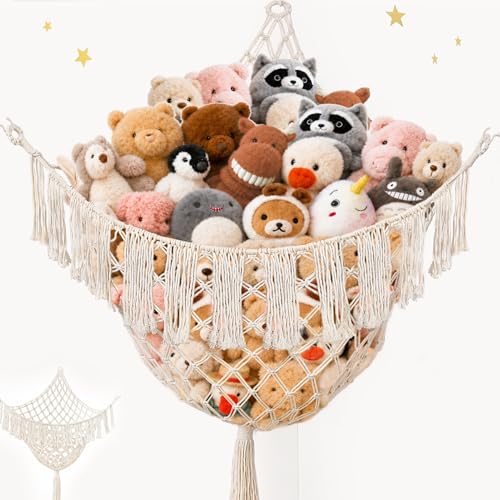 Lare Stuffed Animal Storage Hammock Corner Net - 45" W x 45" H(Cream White) | Cotton Boho Plushie Net - Room Christmas Decor for Teen Girls, Nursery Bedroom Playroom Dorm Decor (Patent Protected) - color: Cream White