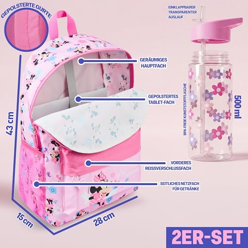 Get Trend Disney Minnie Mouse Kids Backpack with Water Bottle for Girls, 2 Pc 17in Bookbag with Padded Straps Gifts for Girls (Pink Minnie) - color: Pink Minnie