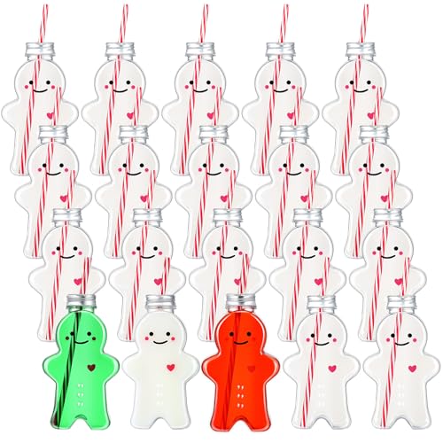 Sliner Christmas Bottles with Straws Including 20 Pcs Empty Plastic Drink Bottle & 20 Pcs Straws & Caps for Christmas Party Juice Milk Cup Drink Water Containers(20 Set,Gingerbread Man) - style: Gingerbread Man