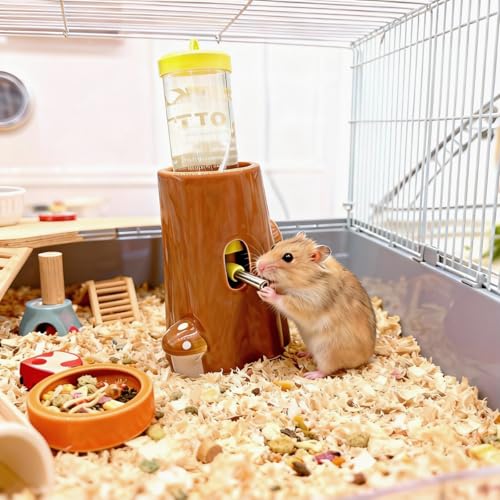 Hamster Water Bottle Adjustable Ceramic Hamster Water Dispenser No Drip Feeder with Food Bowl for Mice Rats Hedgehog Chinchilla Gerbil - color: orange
