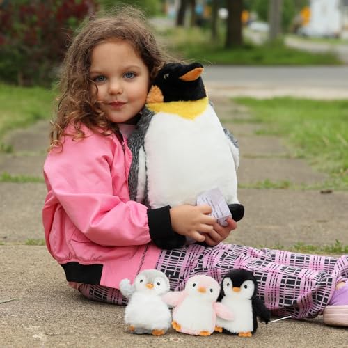 Penguin Plush with 3 Babies, 14 Inch Wind Up Stuffed Animal Set | 4Pcs Stuffed Penguin; Mother and Baby Plushies; Wind-Up Penguin Toy; Zipper Belly Storage; Christmas Birthday Gift for Kids - style: Penguin Black