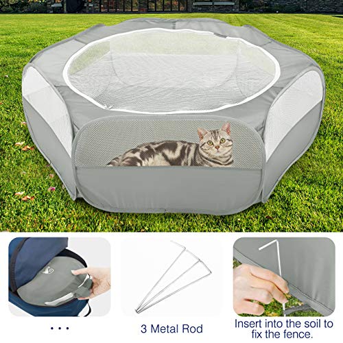 Pawaboo Small Animal Playpen with Zippered Cover,Light Gray | Portable pop-up pet tent for supervised rabbits, guinea pigs, chicks and kittens; water-resistant bottom and 3 metal rods - color: B-Gray