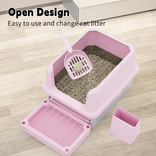 RIZZARI Cat Litter Box Anti-Scatter: Open-Room for Large Cats & Multi-Home | Odor-Free Steel Pan / Paw-Massage Entry Trap / Raised Anti-Spill Edges / Fits Maine Coon & 2+ Cats / Easy-Scoop Open View - color: Pink