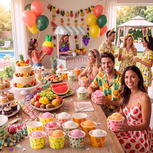 Jingmore 100 Pcs Ice Cream Paper Cups Bulk 8 oz Disposable Dessert Bowls for Hot or Cold Food Snack Treats Gift for Birthday Summer Party Favor Decoration(Summer Fruit) - style: Summer Fruit