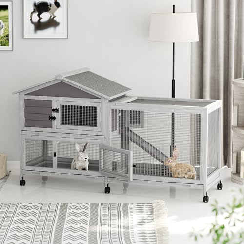 Garvee Wooden Rabbit Hutch, Bunny Cage with Wheels, Rabbit Cage with Chew-Proof Ramp and Pull Out Tray, Small Rabbir House for Guinea Pigs, Rabbit, Indoor Outdoor Use
